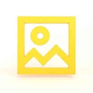 A simple yellow icon of a framed image with a circle and mountain shapes.